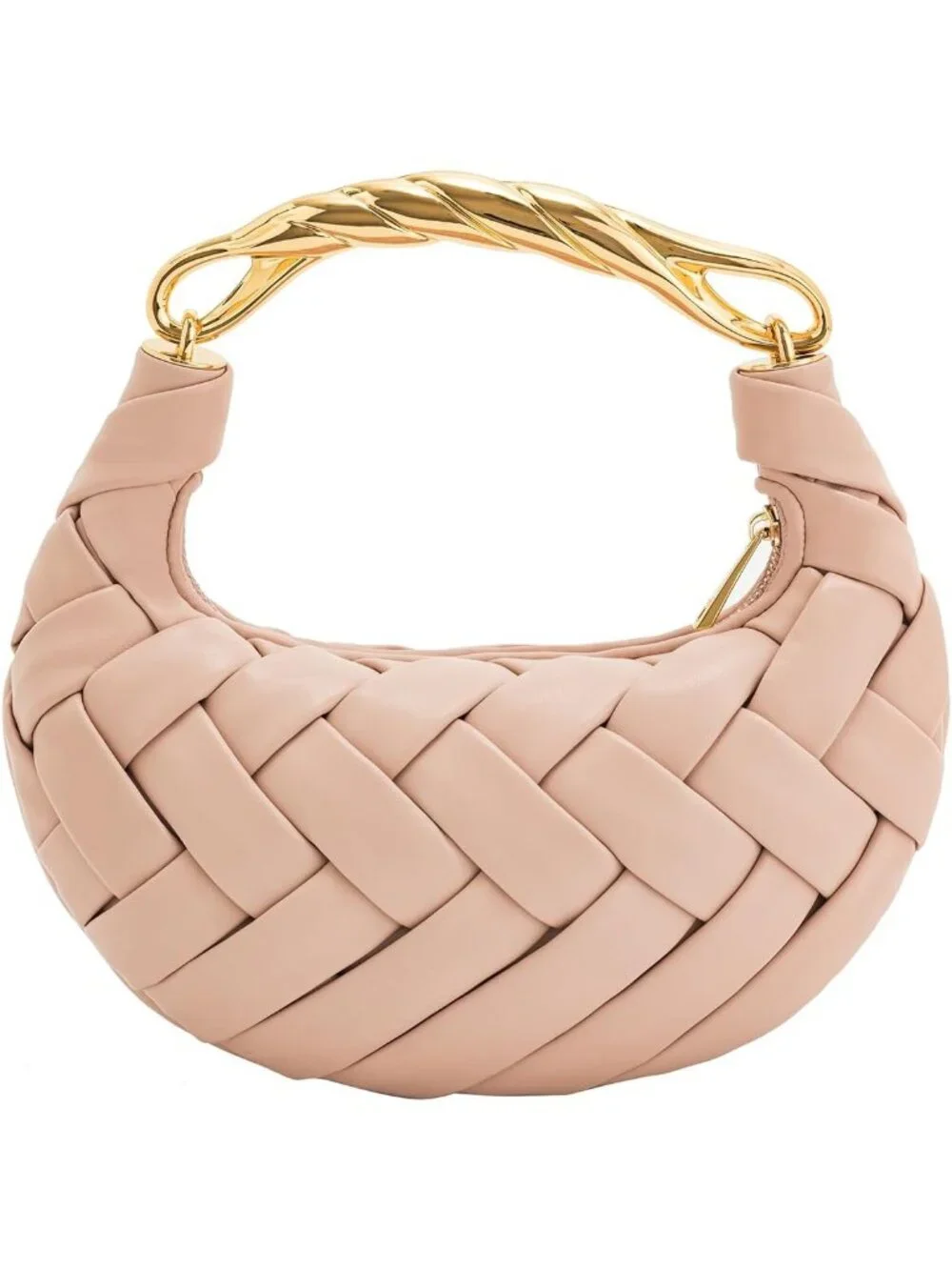 👜Women's Pink Beige Orla Woven Top Zipper Handle Bag Gold Twist Handle Purse